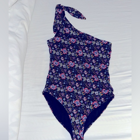 FRAME Denim Floral One Shoulder Swimsuit Charcoal Gray Fabric - Picture 1 of 4